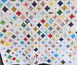 Vntg. Cathedral Window HandStitched Quilt 44 X 34 Nostalgic 70s 80s Characters