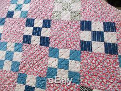 Vtg 1930s 9 Patch Quilt-Handmade/Machine Quilted-Country Blues-Flour Sack Back