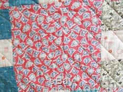 Vtg 1930s 9 Patch Quilt-Handmade/Machine Quilted-Country Blues-Flour Sack Back