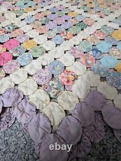 Vtg 1930s Colorful Hand Sewn Stitched Yo Yo Quilt 84x86 Pyramid Border