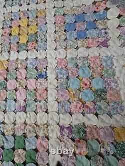 Vtg 1930s Colorful Hand Sewn Stitched Yo Yo Quilt 84x86 Pyramid Border