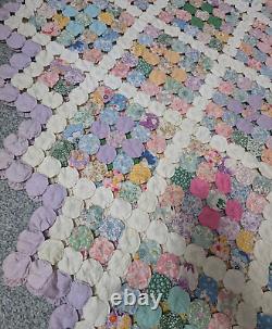 Vtg 1930s Colorful Hand Sewn Stitched Yo Yo Quilt 84x86 Pyramid Border