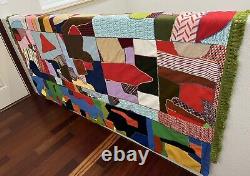 Vtg 1978 Handmade Crazy Quilt Patchwork Scrap Pieces Colorful Fringe 85X103