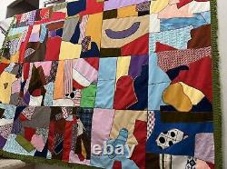 Vtg 1978 Handmade Crazy Quilt Patchwork Scrap Pieces Colorful Fringe 85X103