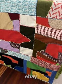 Vtg 1978 Handmade Crazy Quilt Patchwork Scrap Pieces Colorful Fringe 85X103