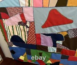 Vtg 1978 Handmade Crazy Quilt Patchwork Scrap Pieces Colorful Fringe 85X103