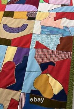 Vtg 1978 Handmade Crazy Quilt Patchwork Scrap Pieces Colorful Fringe 85X103