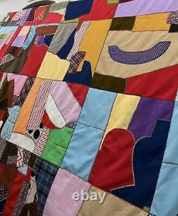 Vtg 1978 Handmade Crazy Quilt Patchwork Scrap Pieces Colorful Fringe 85X103