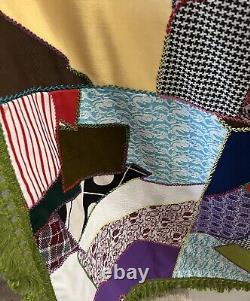 Vtg 1978 Handmade Crazy Quilt Patchwork Scrap Pieces Colorful Fringe 85X103