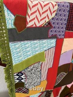 Vtg 1978 Handmade Crazy Quilt Patchwork Scrap Pieces Colorful Fringe 85X103