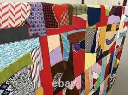 Vtg 1978 Handmade Crazy Quilt Patchwork Scrap Pieces Colorful Fringe 85X103