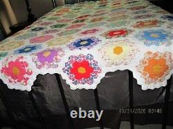 Vtg 40's Handmade Grandmother Flower Garden Feedsack Fabric Quilt Scalloped Edge