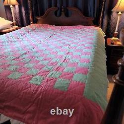 Vtg 40s Handmade Hand Quilted Pink Green Patchwork Double Full Quilt Blanket