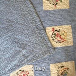 Vtg 48 State Bird and Flower Quilt 98 x 64 Inches Hand Embroidered and Quilted