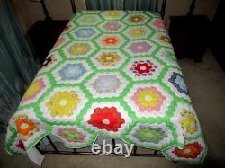 Vtg 50's Fabrics Grandmothers Flower Garden Cotton Scallop Handmade Quilt Queen
