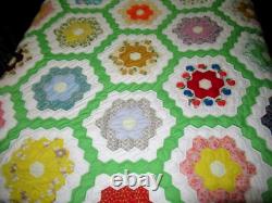 Vtg 50's Fabrics Grandmothers Flower Garden Cotton Scallop Handmade Quilt Queen