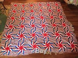 Vtg 50s Patriotic Red White Blue Quilt Top Handmade 8Pt Star pinwheel 80x80 WOW