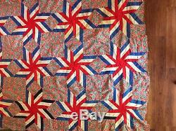 Vtg 50s Patriotic Red White Blue Quilt Top Handmade 8Pt Star pinwheel 80x80 WOW