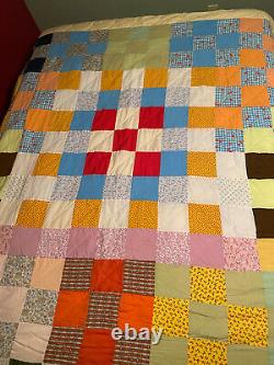 Vtg 60's 70's Hand made Quilt Stitched Colorful Boho Hippie 80x92 King