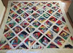 Vtg 60s 70s Crazy Quilt King REVERSIBLE105x105 Bedspread Handmade Retro Fabric