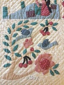 Vtg ARCH QUILTS NY Hand Stitched Handmade Appliqué Queen 98 X 86