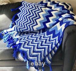 Vtg Afghan Afgan Crochet Chevron Stripe Blue Blanket Throw 109 X 66 Bed Quilt
