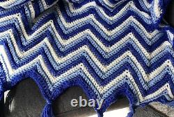 Vtg Afghan Afgan Crochet Chevron Stripe Blue Blanket Throw 109 X 66 Bed Quilt