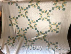 Vtg Antique 78X78 Double QUEEN Handmade OHIO STAR QUILT Yellow Green on White