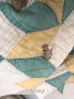 Vtg Antique 78X78 Double QUEEN Handmade OHIO STAR QUILT Yellow Green on White