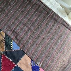 Vtg Antique Crazy Quilt Embroidered Wool Gaberdine Flannel Patchwork Hand Tied