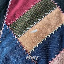 Vtg Antique Crazy Quilt Embroidered Wool Gaberdine Flannel Patchwork Hand Tied