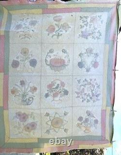 Vtg Antique Handmade Applique Flower Basket Garden Hand Stitched Quilt 75x62