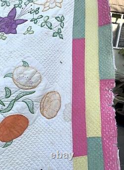 Vtg Antique Handmade Applique Flower Basket Garden Hand Stitched Quilt 75x62