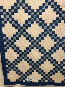 Vtg Antique Quilt Blue & White Irish Chain Handmade Hand Stitched @7'10x 5'11