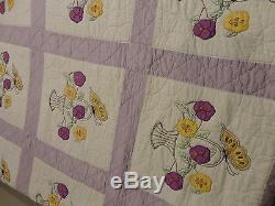 Vtg Antique Quilt Embroidered Floral Hand Made Cotton Quilt Bed Spread 68x 85