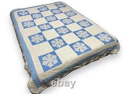 Vtg Appliquéd Snowflake Quilt Blue & White 68x80 Checkered Hand Sewn