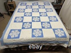 Vtg Appliquéd Snowflake Quilt Blue & White 68x80 Checkered Hand Sewn