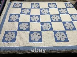 Vtg Appliquéd Snowflake Quilt Blue & White 68x80 Checkered Hand Sewn