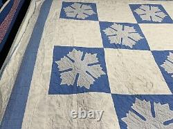 Vtg Appliquéd Snowflake Quilt Blue & White 68x80 Checkered Hand Sewn