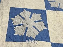 Vtg Appliquéd Snowflake Quilt Blue & White 68x80 Checkered Hand Sewn