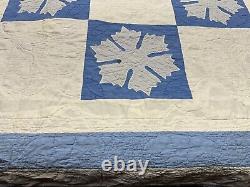 Vtg Appliquéd Snowflake Quilt Blue & White 68x80 Checkered Hand Sewn