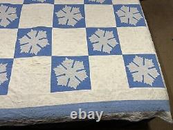 Vtg Appliquéd Snowflake Quilt Blue & White 68x80 Checkered Hand Sewn