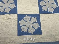 Vtg Appliquéd Snowflake Quilt Blue & White 68x80 Checkered Hand Sewn