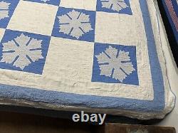 Vtg Appliquéd Snowflake Quilt Blue & White 68x80 Checkered Hand Sewn