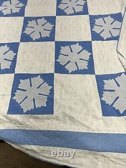 Vtg Appliquéd Snowflake Quilt Blue & White 68x80 Checkered Hand Sewn