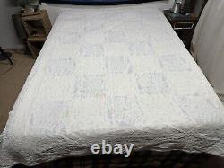 Vtg Appliquéd Snowflake Quilt Blue & White 68x80 Checkered Hand Sewn