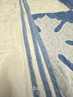 Vtg Appliquéd Snowflake Quilt Blue & White 68x80 Checkered Hand Sewn