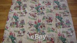 Vtg Barkcloth Handmade Quilt Comforter Western Cowboys Campfire Bucking Bronco