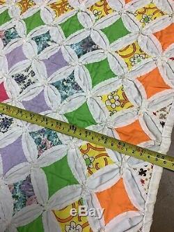 Vtg Cathedral Window Quilt 82x65 Multicolored Handmade Crafted Stitch 70s Heavy