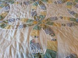 Vtg Country Farmhouse Double Wedding Ring Hand Stitched Piece Patch Quilt